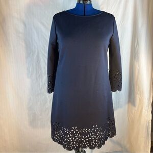 Christin Michaels Navy Blue Sheath Dress Scuba Lazor Cut Outs on Hem & Cuffs 14👍